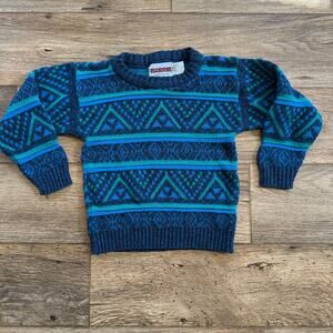 Vintage 80s Blue Fair Isle Knit Crewneck Sweater